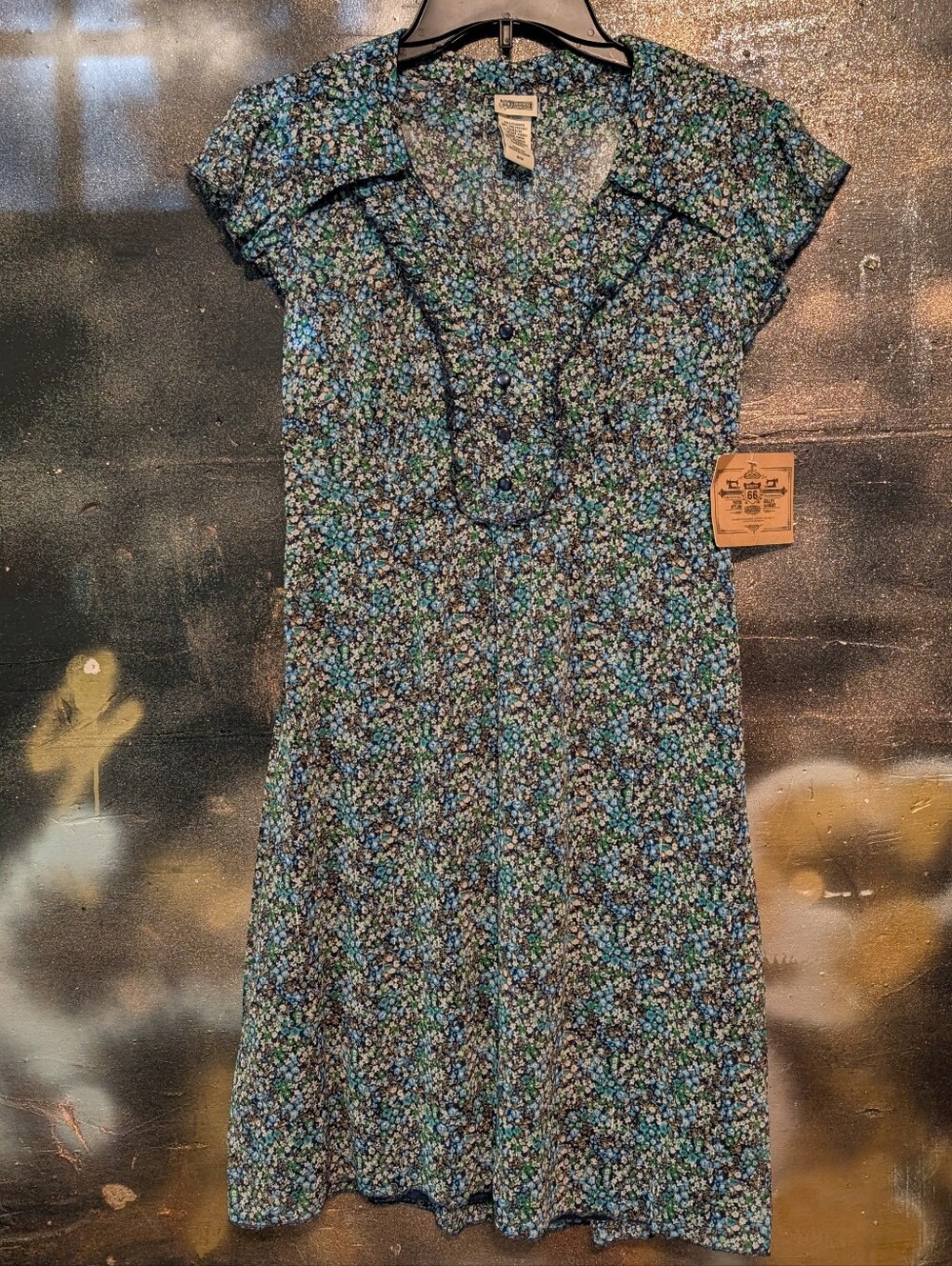Route 66 Blue Multi-Color Floral V-Neck Cap Sleeve Dress